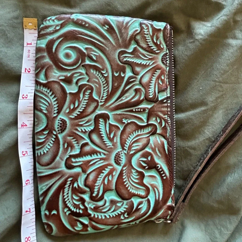 Patricia Nash Turquoise and Brown Tooled Floral Wristlet - Picture 6 of 7